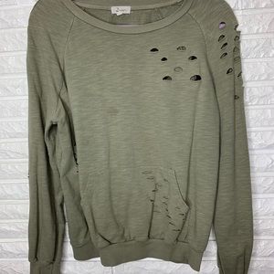 Green distressed crew neck